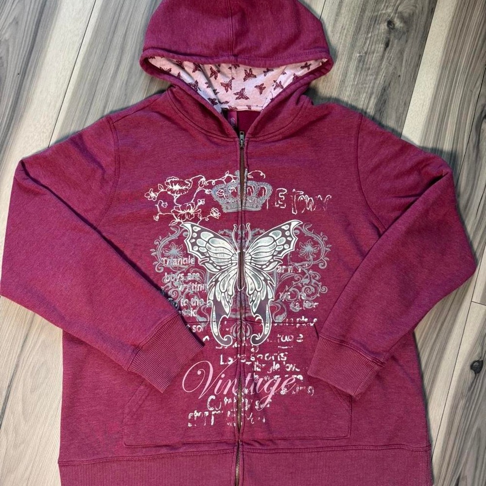 Y2K Vintage Burgundy Butterfly Zip Up Hoodie with white butterfly graphic
